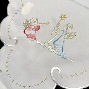 German Embroidered Christmas Angels Table Runner 15x33 Gold Thread Doily Mat